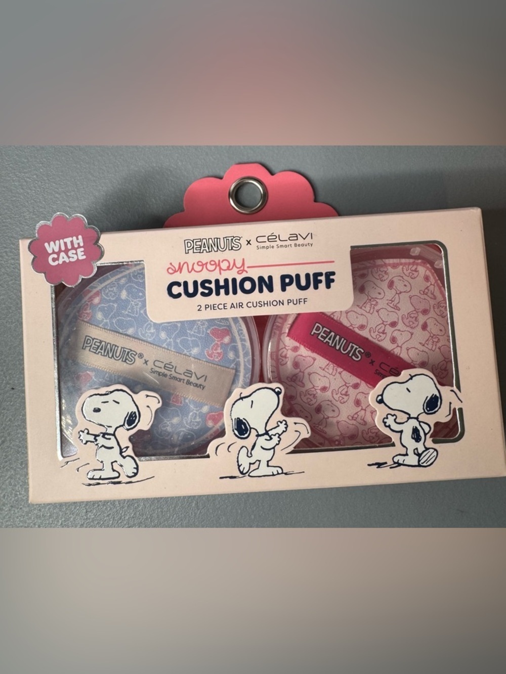 Peanuts x Celavi Snoopy 2 pc air Cushion Puff Set with case- Pink & Navy Blue